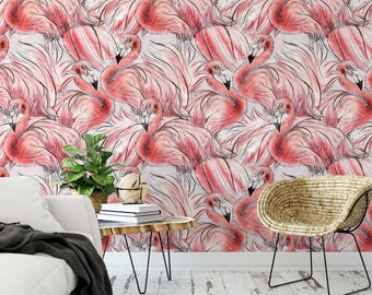 Fluffy Pink Flamingos Tropical, Removable Wallpaper, Wall Art, Peel and Stick Wallpaper, Mural Decor Wall, Accent Wall, Flamingos, MW1820