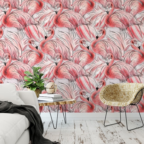 Wallpaper Peel and Stick Wallpaper Fluffy Flamingos Removable - Etsy