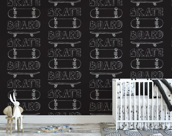 Skateboard on Black  Removable Wallpaper, Wall Art, Peel and Stick Wallpaper, Mural Room Decor, Accent Wall, MW1371