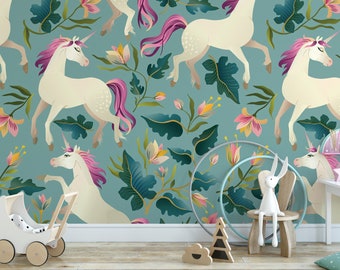 Unicorns  Removable Wallpaper, Wall Art, Peel and Stick Wallpaper,  Mural, Nursery Wallpaper, Room Decor, Accent, MW1633