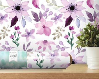 Watercolor Purple Flowers Wallpaper | Bold Floral Peel and Stick Mural (MW1605)