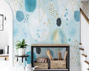 Papel pintado abstracto de acuarela azul / Mural de pared turquesa (MW1601)