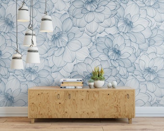 Blue Dahlia Blue and White Floral Removable Wallpaper, Wall Art, Peel and Stick Wallpaper, Nursery, Living, Modern, Accent Wall, MW1212