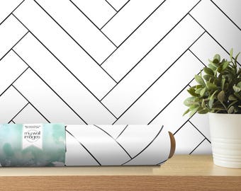 Black and White Herringbone Removable Wallpaper, Peel and Stick Wallpaper, Kitchen Wallpaper, Entryway Wallpaper, Decor, Accent Wall, MW1206