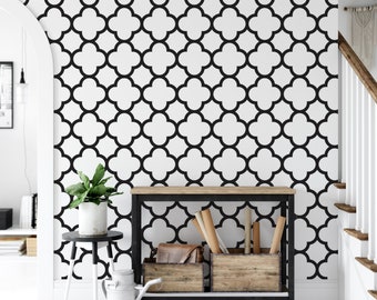 Quatrefoil Pattern black and white  Removable Wallpaper, Wall Art, Peel and Stick Wallpaper, Room Decor, Accent, MW1336
