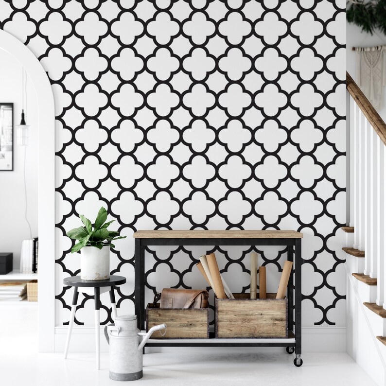 Wallpaper Peel and Stick Wallpaper Quatrefoil Pattern Black Etsy