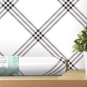 Plaid Black and White Plaid Removable Wallpaper, Wall Art, Peel and Stick Wallpaper, Room Decor, Modern Lines Wallpaper, Nursery Art, MW1404