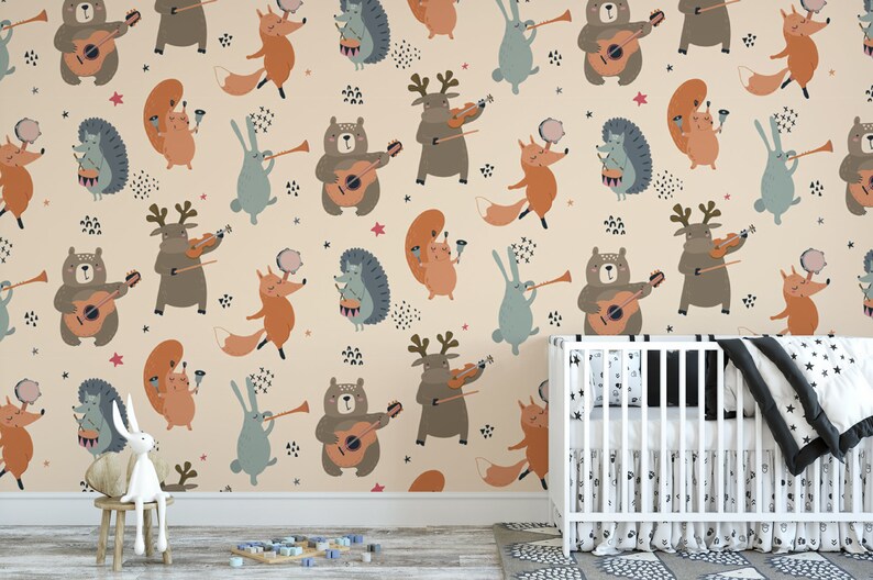 Peel and Stick Wallpaper Animals With Musical Instruments Etsy