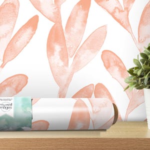 Dreamy Peach Coral Watercolor Vines Removable Wallpaper, Wall Art, Peel and Stick Wallpaper, Wall Decor, Nursery, Bathroom, Bedroom, MW2015