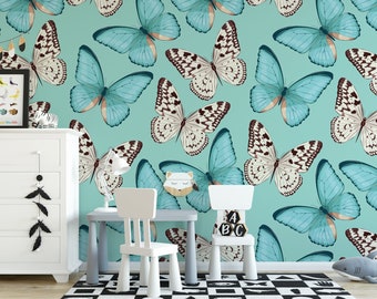 Turquoise and White Butterflies, Blue, Removable Wallpaper, Wall Art, Peel and Stick Wallpaper, Mural Room Decor, Accent Wall, MW1329