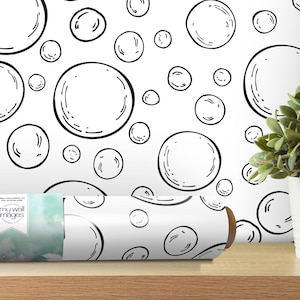 Soap Bubbles Black White Wallpaper | Modern Bath Peel and Stick Mural (MW1505)