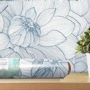 Blue Dahlia Blue and White Floral Removable Wallpaper, Wall Art, Peel and Stick Wallpaper, Nursery, Living, Modern, Accent Wall, MW1212