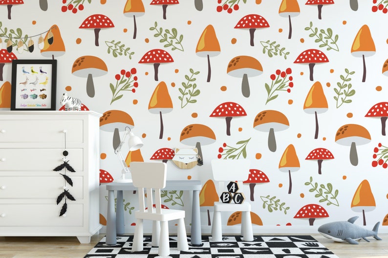 Wallpaper Peel and Stick Wallpaper Cute Mushrooms Temporary - Etsy