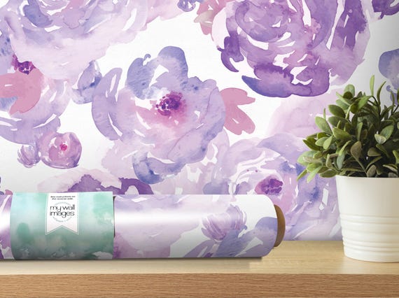 Watercolor Purple Floral Removable Wallpaper, Wall Art, Peel and