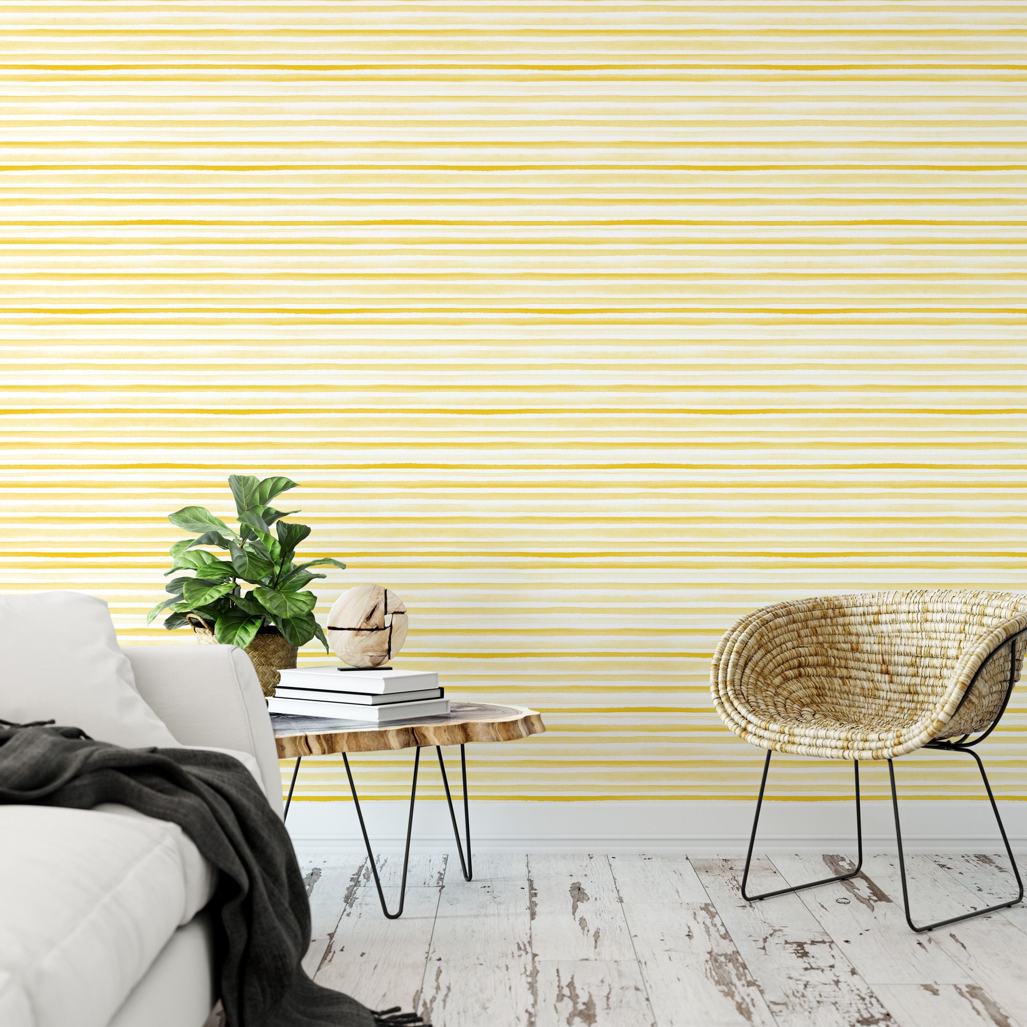 Wallpaper Peel and Stick Wallpaper Yellow Watercolor Stripes Etsy