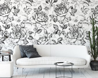 Black & White Rose Sketches Removable Wallpaper, Wall Art, Peel and Stick Wallpaper,  Wall Mural, Nursery, Room Decor, Accent, MW1495