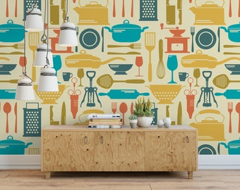 Retro Kitchen Accessories  Removable Wallpaper, Wall Art, Peel and Stick Wallpaper,  Mural, Kitchen, Accent Wall, MW1311