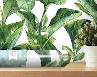 Tropical Palm Leaf Wallpaper | Green Watercolor Leaves Peel and Stick Mural (MW1035)