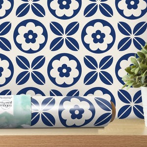 Navy Blue Folk Art Scandinavian Pattern Removable Wallpaper, Wall Art, Peel and Stick Wallpaper, Room Decor, Accent Wall, Folk Tile, MW1438