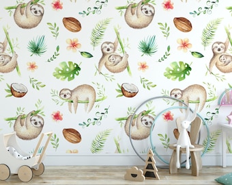 Cute Animal Sloth Removable Wallpaper, Wall Art, Peel and Stick Wallpaper, Wall Mural, Nursery Wallpaper, Room Decor, Accent Wall, MW1084