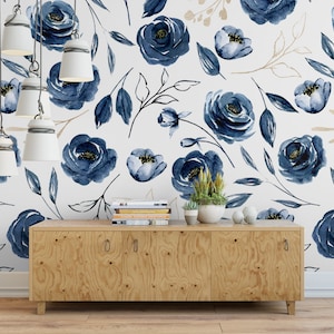 Blue Floral Navy Removable Wallpaper, Wall Art, Peel and Stick Wallpaper, Wall Decor, Wall Mural, Dining, Floral Wallpaper, Accent, MW1198lg