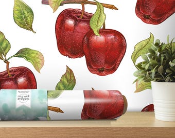 Vintage Red Apples Wallpaper | Fruit Leaves Peel and Stick Mural | Kitchen Decor (MW1340)
