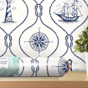 Nautical Wallpaper | Blue and White Beach Decor | Compass, Ship, Lighthouses (MW1891)