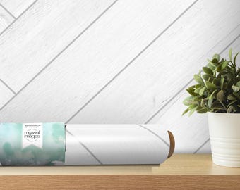 White Wood Herringbone Wallpaper | Shiplap Peel and Stick Mural | Faux Texture Decor (MW1864)