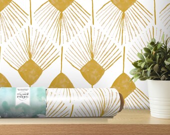 Removable Wallpaper Peel and Stick Wallpaper Wall Paper Wall Mural - Gold Mustard Zig Zag Boho Watercolor, Decor Handmade Design, MW2061