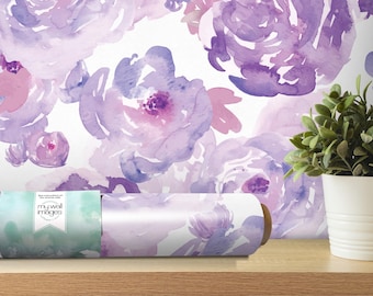 Watercolor Purple Floral Wallpaper | Lavender Flowers Girls Room Mural (MW1006sm)