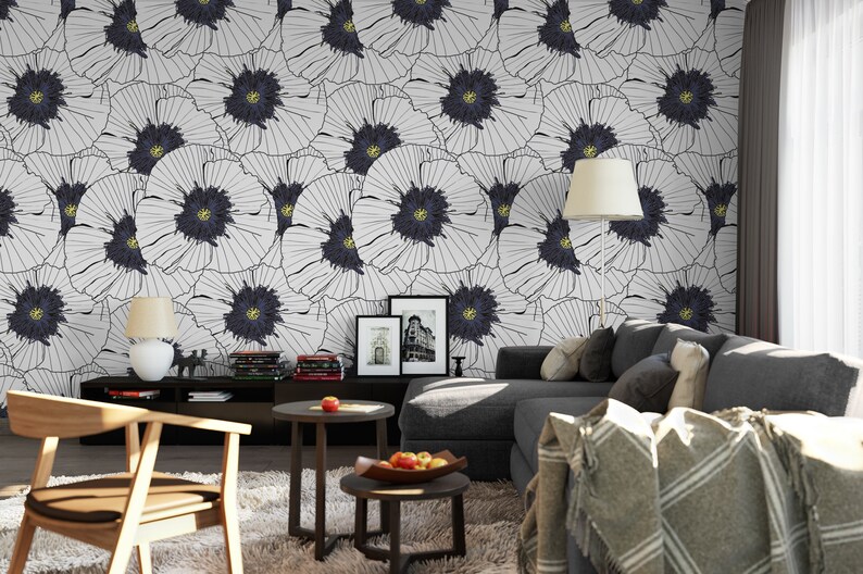 Black & White Gold Floral Removable Wallpaper, Wall Art, Peel and Stick Wallpaper, Dining Room, Wall Mural, Room Decor, Accent Wall MW1034 image 2