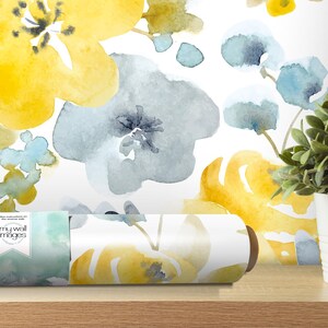 Watercolor Yellow Blue Floral Removable Wallpaper, Wall Art, Peel and Stick Wallpaper, Mural, Nursery, Room Decor, Accent Wall, MW1041