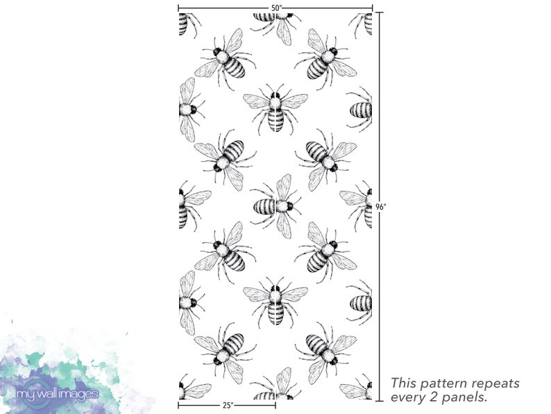 Bees Black and White Removable Wallpaper, Wall Art, Peel and Stick Wallpaper, Room Decor, Accent Wall, Bumble Bees, Modern Bees, MW1494 image 3