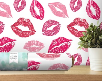 Pink Red Kisses Lips Wallpaper | Beauty Salon Peel and Stick Mural (MW1258)