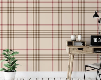 Plaid Tan, Red, Brown Pattern Removable Wallpaper, Wall Art, Peel and Stick Wallpaper, Mural, Room Decor, Accent Wall, MW1900