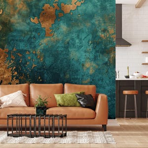 Copper Turquoise Wall Mural | Peel and Stick Wallpaper | Weathered Copper Mural Wall | Turquoise Mural (MW2324)