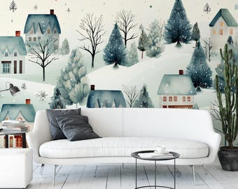 Winter Village Removable Wallpaper, Wall Art, Peel and Stick Wallpaper, Wall Mural, Accent Wall Holiday Wallpaper, Christmas Scene, MW1941