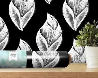 Weiß Schwarz Artsy Anthrazit Blätter Tapete | Schälen und Aufkleben Einfaches Blatt Wandbild | Handgezeichnetes Design (MW2079)