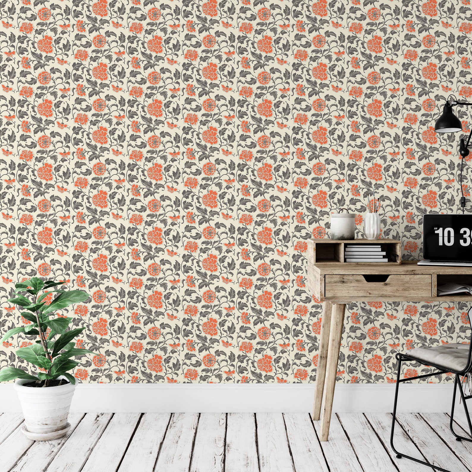 Orange Antique Floral Removable Wallpaper Peel and Stick Etsy