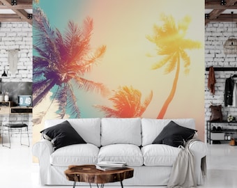 Beach Mural, Tropical Palm Trees Peel and Stick Wallpaper, Wall Mural, Room Decor, Sunset, Beach, Tropical Mural, Wall Decal - MW1168