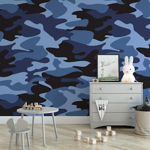 Blue Camouflage Removable Wallpaper, Wall Art, Peel and Stick Wallpaper, Mural Room Decor, Accent Wall, Military, MW1899