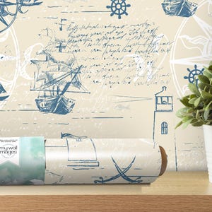 Vintage Nautical Map Wallpaper | Ships Compass Peel and Stick Mural | Beach House Decor (MW1465)