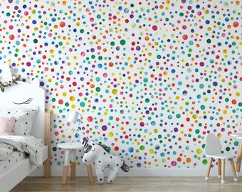 Watercolor Confetti Circles Removable Wallpaper, Wall Art, Peel and Stick Wallpaper, Room Decor, Accent, Rainbow Polka Dots, Nursery, MW1599