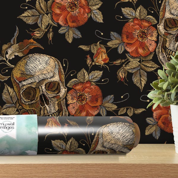 Skulls Red Flowers Halloween Mural | Removable Peel and Stick Black Skull Wallpaper (MW1500