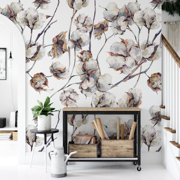 Cotton Flowers Vines Natural Removable Wallpaper, Wall Art, Peel and Stick Wallpaper, Living Room, Mural Room Decor, Accent Wall, MW1803