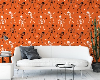 Pomarańczowa, zdejmowana tapeta „Dancing Skeletons” | Naklejka ścienna na Halloween (MW1915)