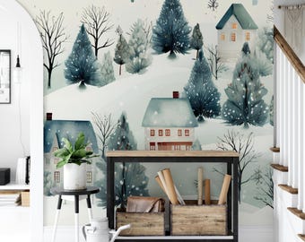 Peel and Stick Wallpaper - Wall Decor - Winter Village Wall Mural - Wall Art - Christmas - Holiday - Winter - Removable Wallpaper - MW1941c