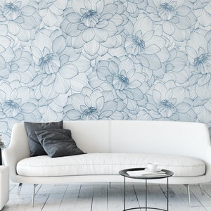 Blue Dahlia Blue and White Floral Removable Wallpaper, Wall Art, Peel and Stick Wallpaper, Nursery, Living, Modern, Accent Wall, MW1212 image 1