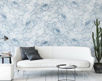 Blue Dahlia Blue and White Floral Removable Wallpaper, Wall Art, Peel and Stick Wallpaper, Nursery, Living, Modern, Accent Wall, MW1212
