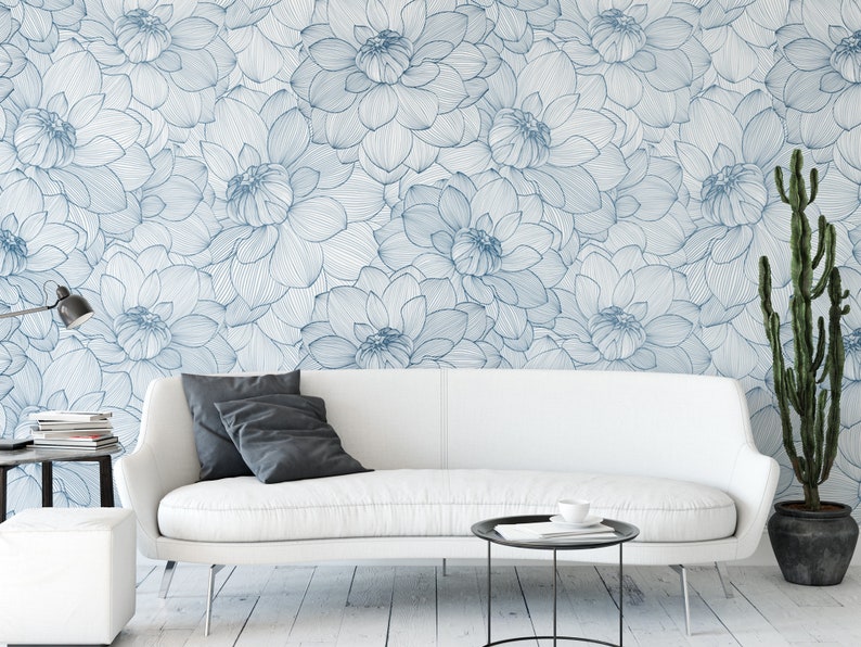 Blue Dahlia Blue and White Floral Removable Wallpaper, Wall Art, Peel and Stick Wallpaper, Nursery, Living, Modern, Accent Wall, MW1212 image 1